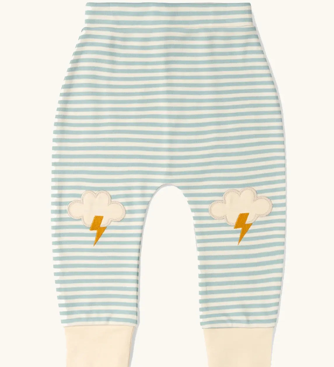 Little Green Radicals weather knee patch blue and cream striped organic cotton joggers.