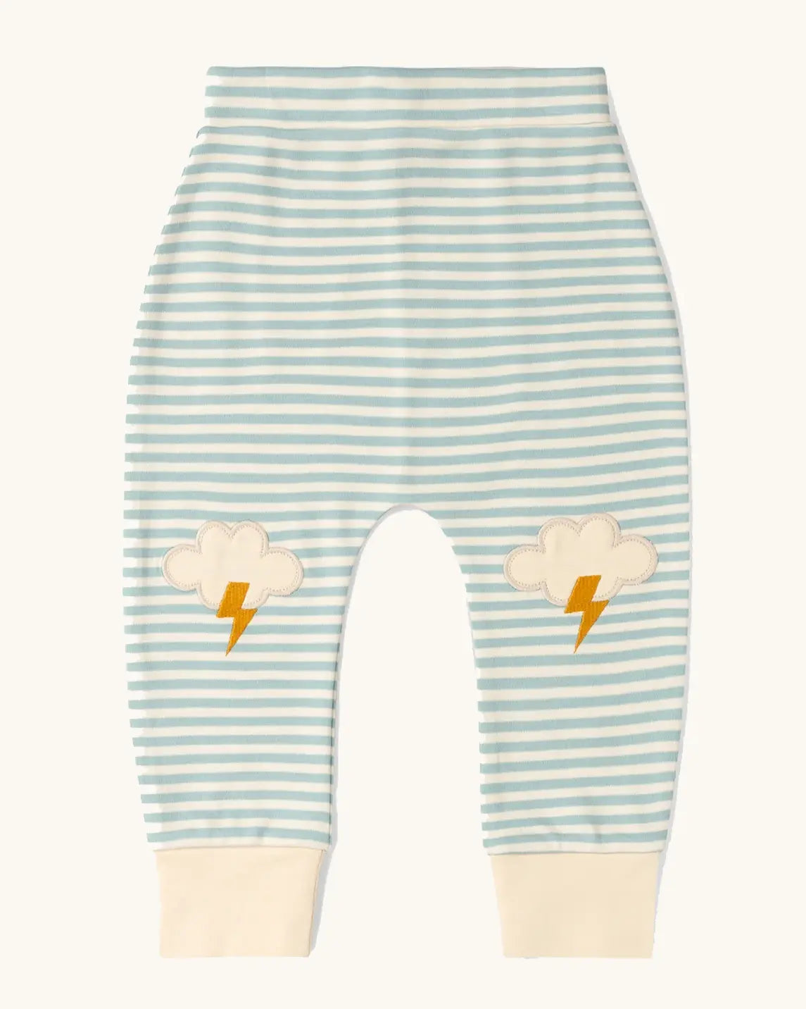 Little Green Radicals weather knee patch blue and cream striped organic cotton joggers.