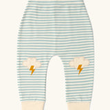 Little Green Radicals weather knee patch blue and cream striped organic cotton joggers.
