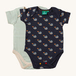 Little Green Radicals Organic 2 Pack Baby Body Set. One vest has a navy whale print design and the other has a blue and white stripe design. 