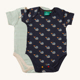 Little Green Radicals Organic 2 Pack Baby Body Set. One vest has a navy whale print design and the other has a blue and white stripe design. 