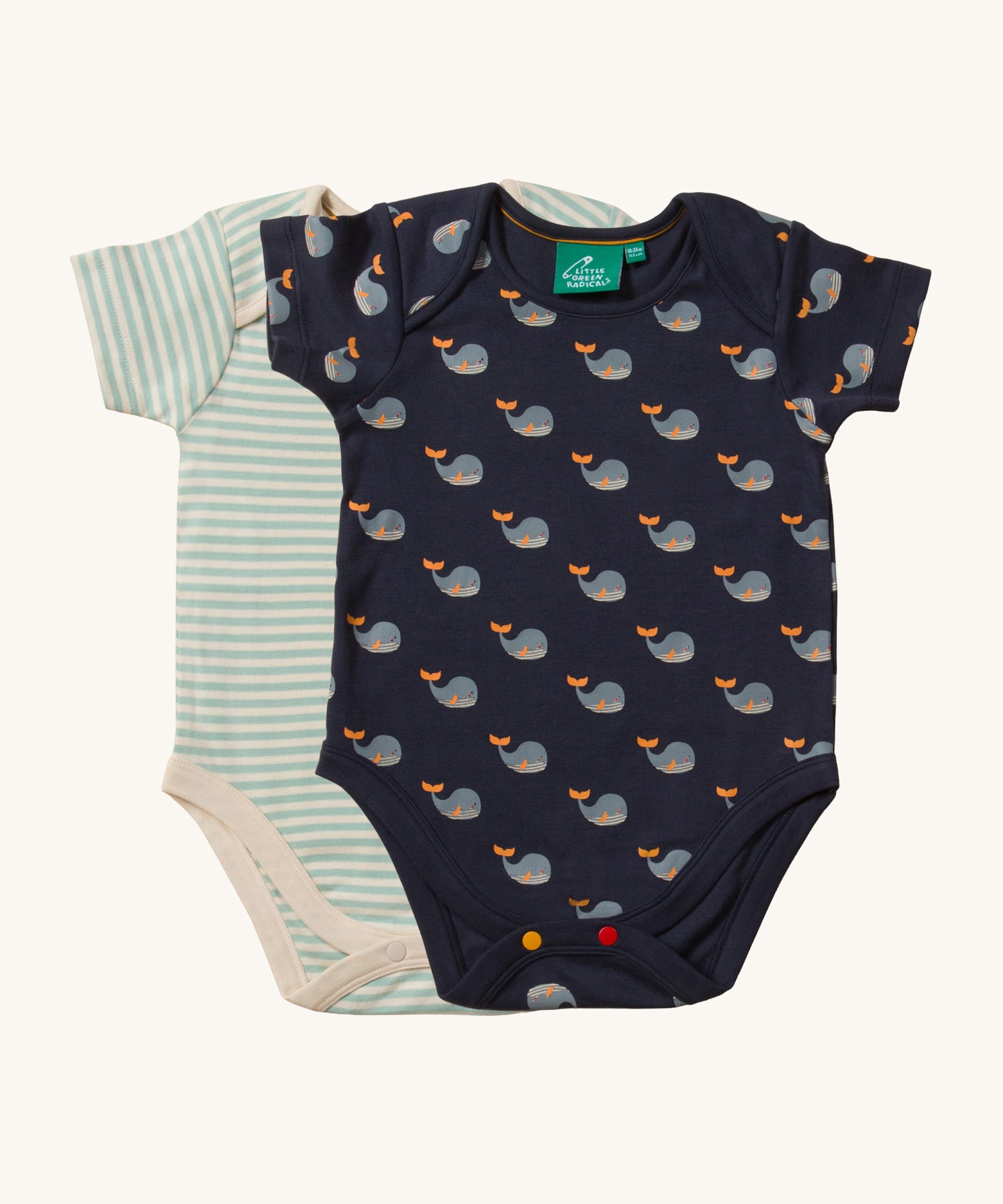 Little Green Radicals Organic 2 Pack Baby Body Set. One vest has a navy whale print design and the other has a blue and white stripe design. 