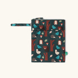 Little Green Radicals woodland print blue recycled waterproof wet bag with zip closure and hanging loop.