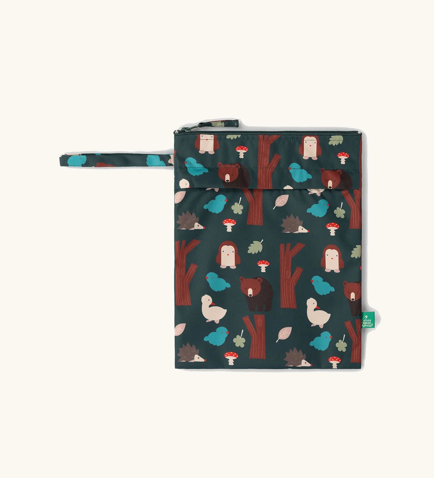 Little Green Radicals woodland print blue recycled waterproof wet bag with zip closure and hanging loop.