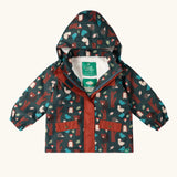 Little Green Radicals woodland world green recycled waterproof fleece lined adventure winter coat with zip shown half open. Dark green coat with woodland themed print featuring animals, trees, birds and mushrooms.