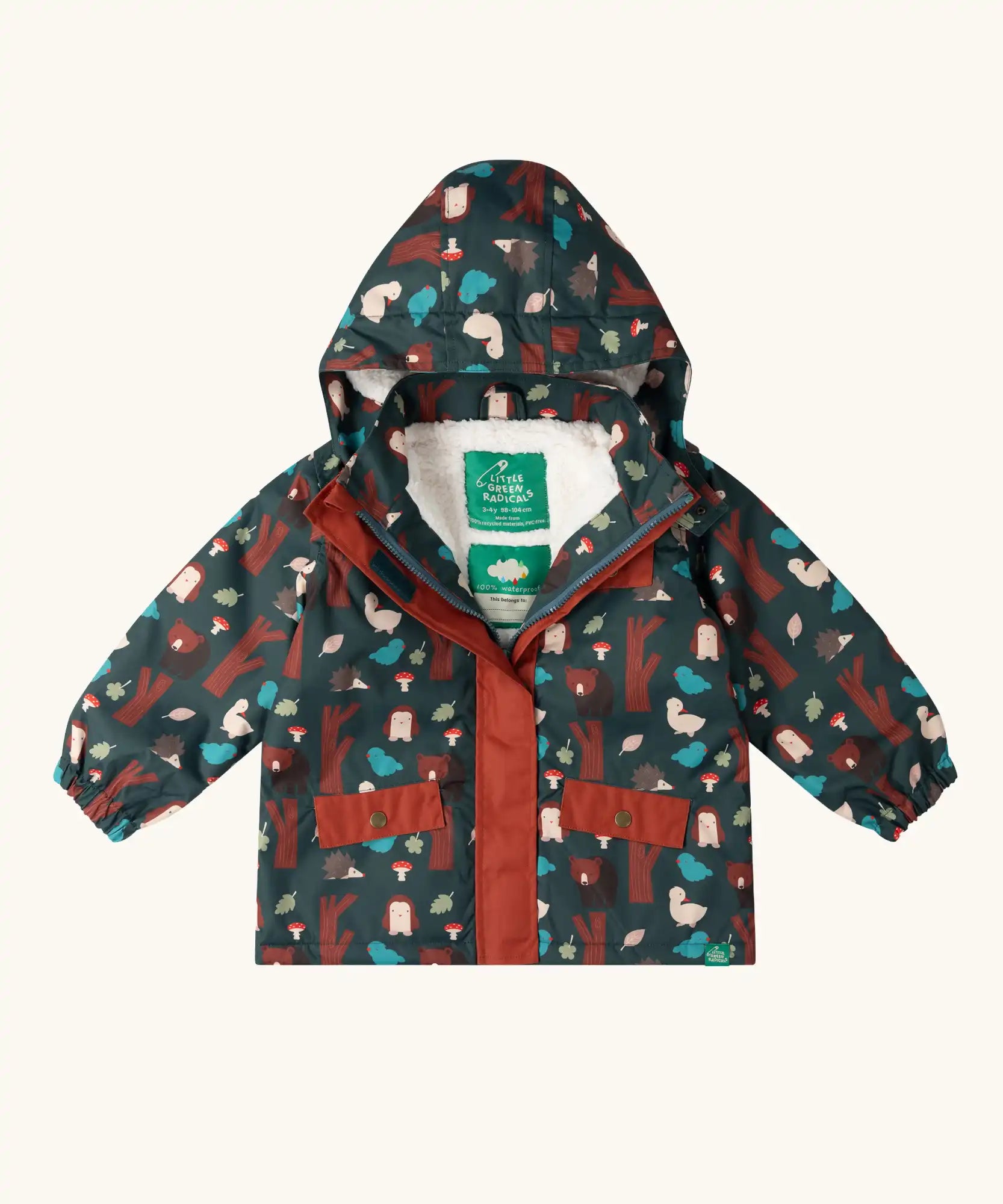 Little Green Radicals woodland world green recycled waterproof fleece lined adventure winter coat with zip shown half open. Dark green coat with woodland themed print featuring animals, trees, birds and mushrooms.