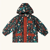 Little Green Radicals woodland world green recycled waterproof fleece lined adventure winter coat. Dark green coat with woodland themed print featuring animals, trees, birds and mushrooms.