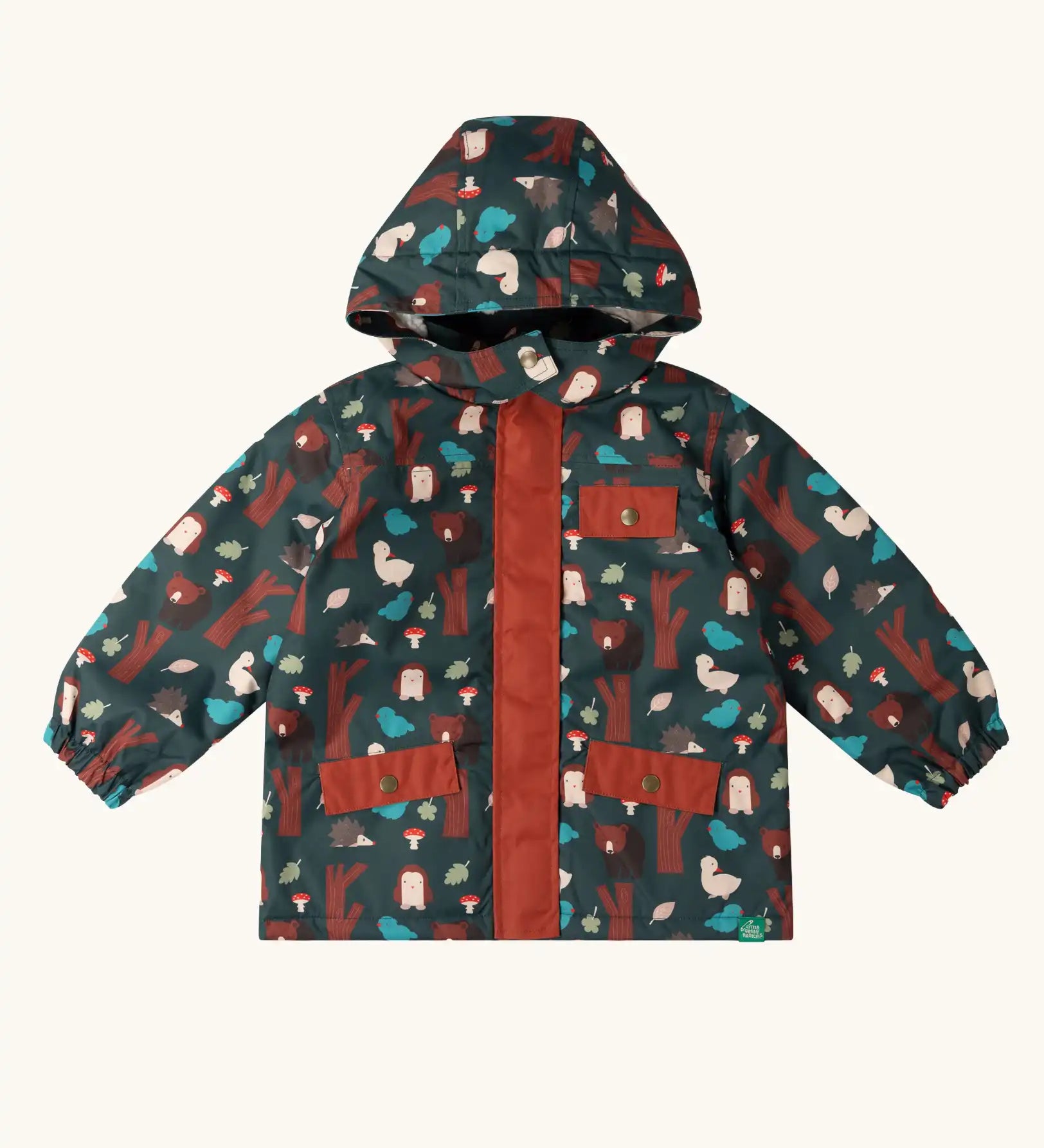 Little Green Radicals woodland world green recycled waterproof fleece lined adventure winter coat. Dark green coat with woodland themed print featuring animals, trees, birds and mushrooms.