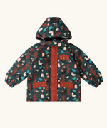 Little Green Radicals woodland world green recycled waterproof fleece lined adventure winter coat. Dark green coat with woodland themed print featuring animals, trees, birds and mushrooms.