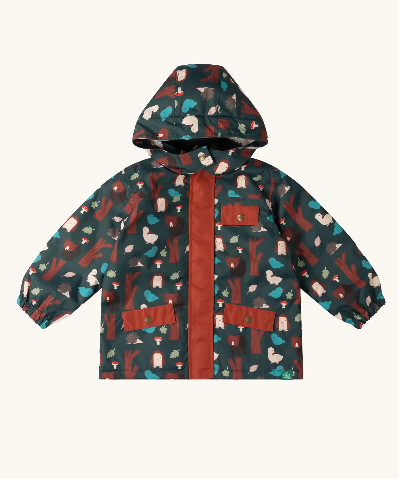 Little Green Radicals woodland world green recycled waterproof fleece lined adventure winter coat. Dark green coat with woodland themed print featuring animals, trees, birds and mushrooms.