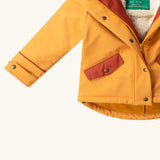 Close up of the pockets on the front of the Little Green Radicals  yellow gold recycled waterproof 3 in 1 coat. Yellow gold waterproof coat with a removable fleece layer inside. 