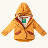 Little Green Radicals  yellow gold recycled waterproof 3 in 1 coat. Yellow gold waterproof coat with a removable fleece layer inside. Zip half open to show the fleece layer.