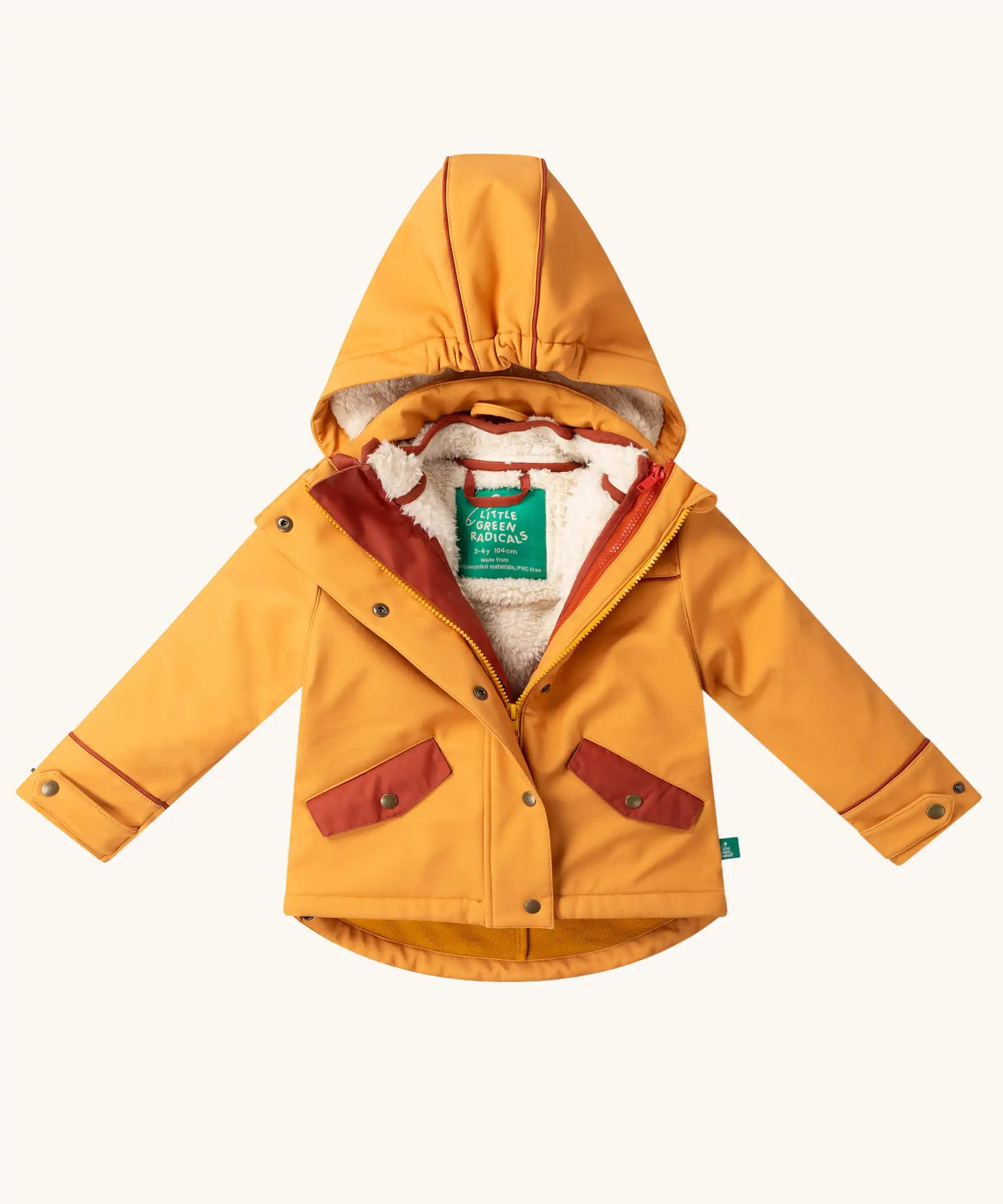 Little Green Radicals  yellow gold recycled waterproof 3 in 1 coat. Yellow gold waterproof coat with a removable fleece layer inside. Zip half open to show the fleece layer.