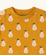 Close up of the neckline on the Little Green Radicals yellow gold summer pears short sleeve organic cotton t-shirt. 