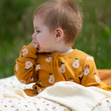 Little Green Radicals zip organic cotton footed babygrow with summer pears repeat print on a baby.