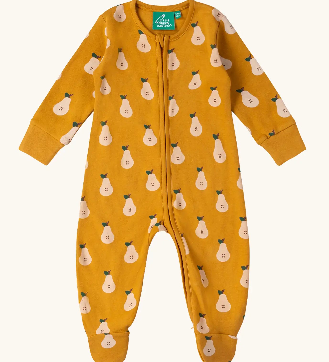 Little Green Radicals zip organic cotton footed babygrow with summer pears repeat print.