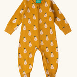 Little Green Radicals zip organic cotton footed babygrow with summer pears repeat print.