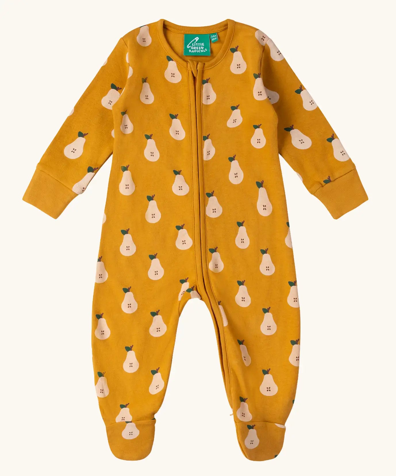 Little Green Radicals zip organic cotton footed babygrow with summer pears repeat print.