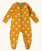 Little Green Radicals zip organic cotton footed babygrow with summer pears repeat print.