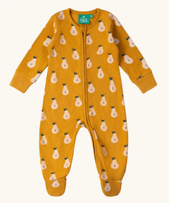 Little Green Radicals zip organic cotton footed babygrow with summer pears repeat print.