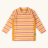 Little Green Radicals sorbet striped UPF 50 sunsafe long sleeve rash vest with yellow gold side panels.