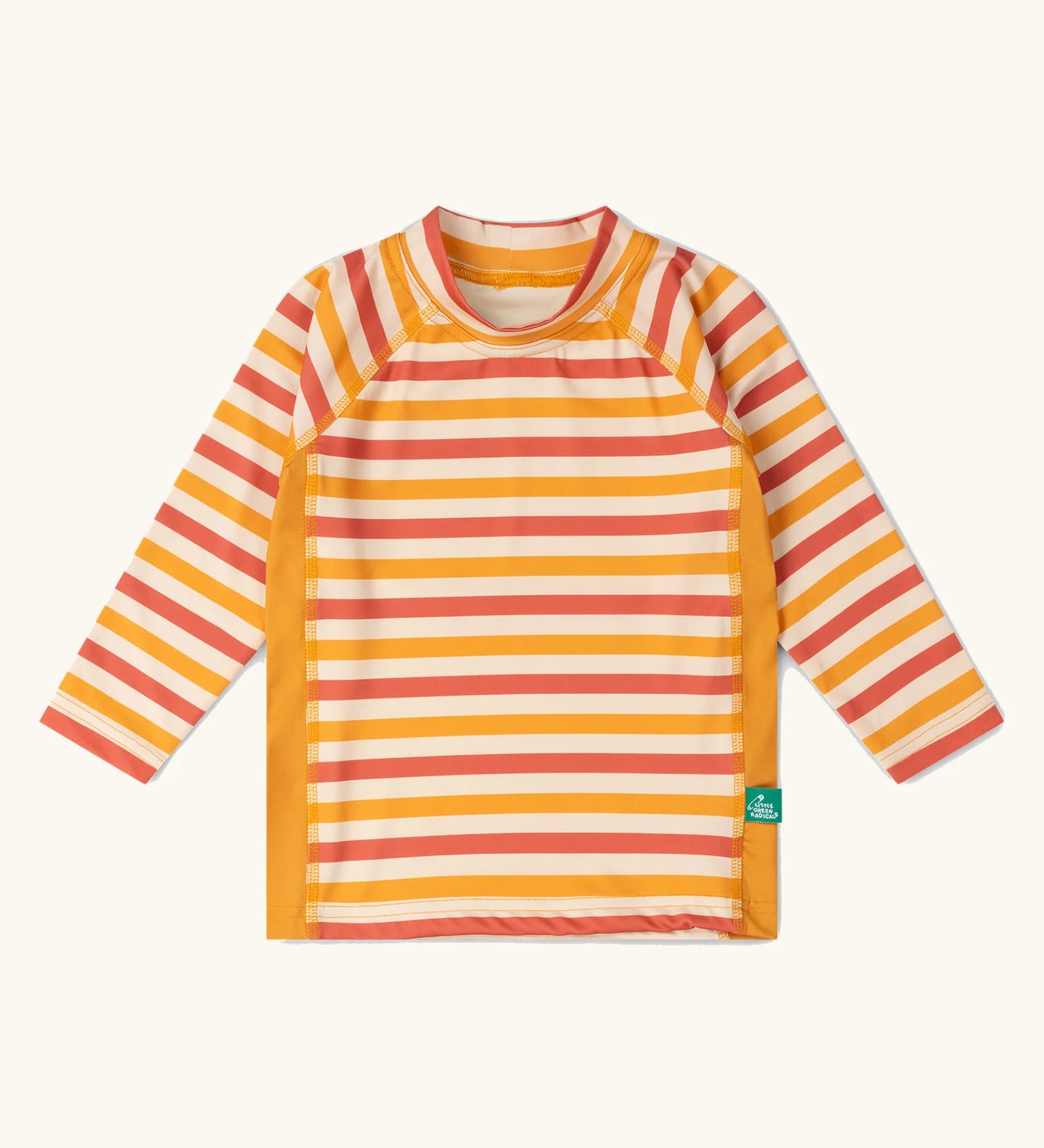 Little Green Radicals sorbet striped UPF 50 sunsafe long sleeve rash vest with yellow gold side panels.