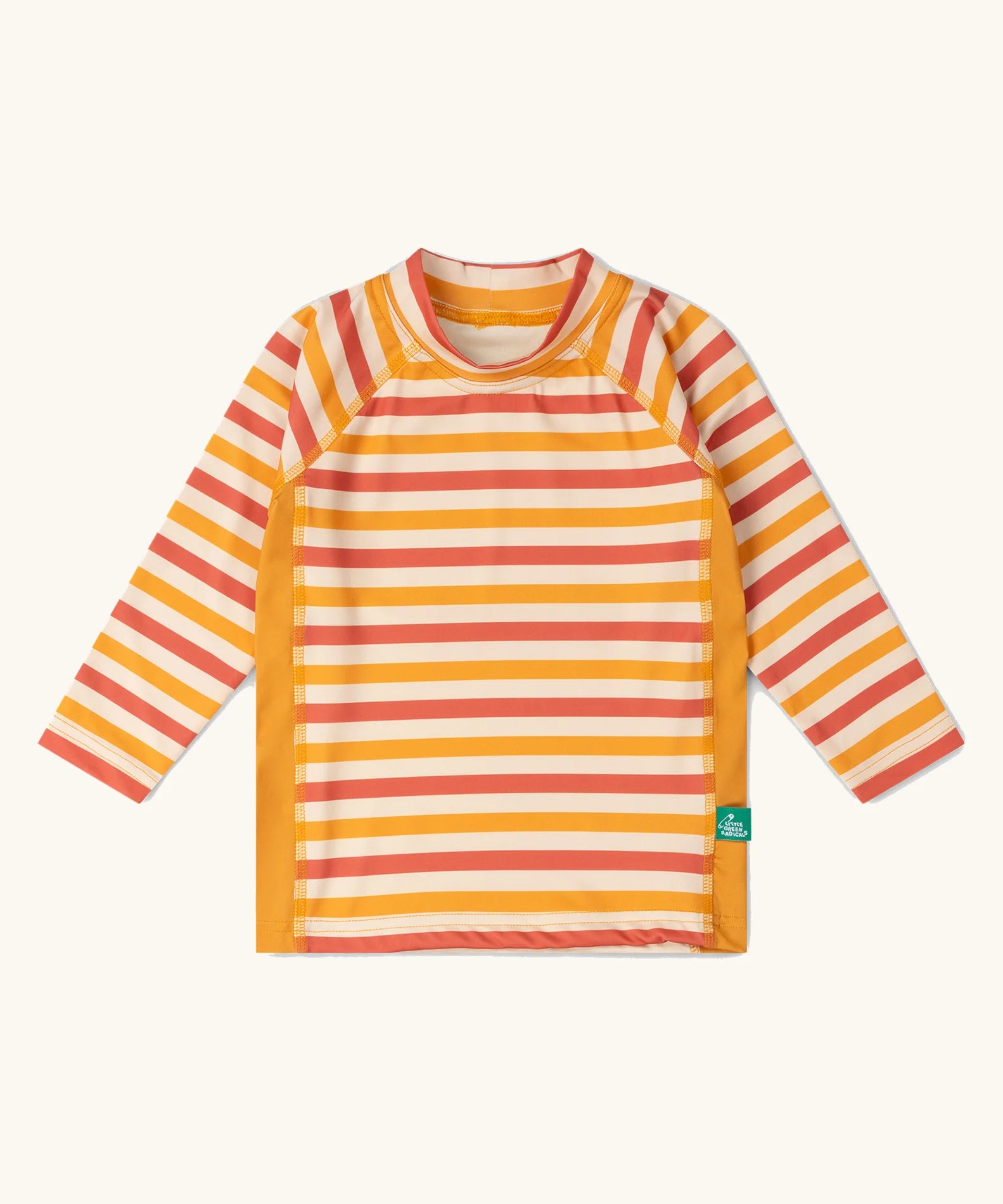 Little Green Radicals sorbet striped UPF 50 sunsafe long sleeve rash vest with yellow gold side panels.