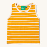 Little Green Radicals yellow gold and cream striped Organic Cotton sleeveless Vest. Sold in a 3 pack.
