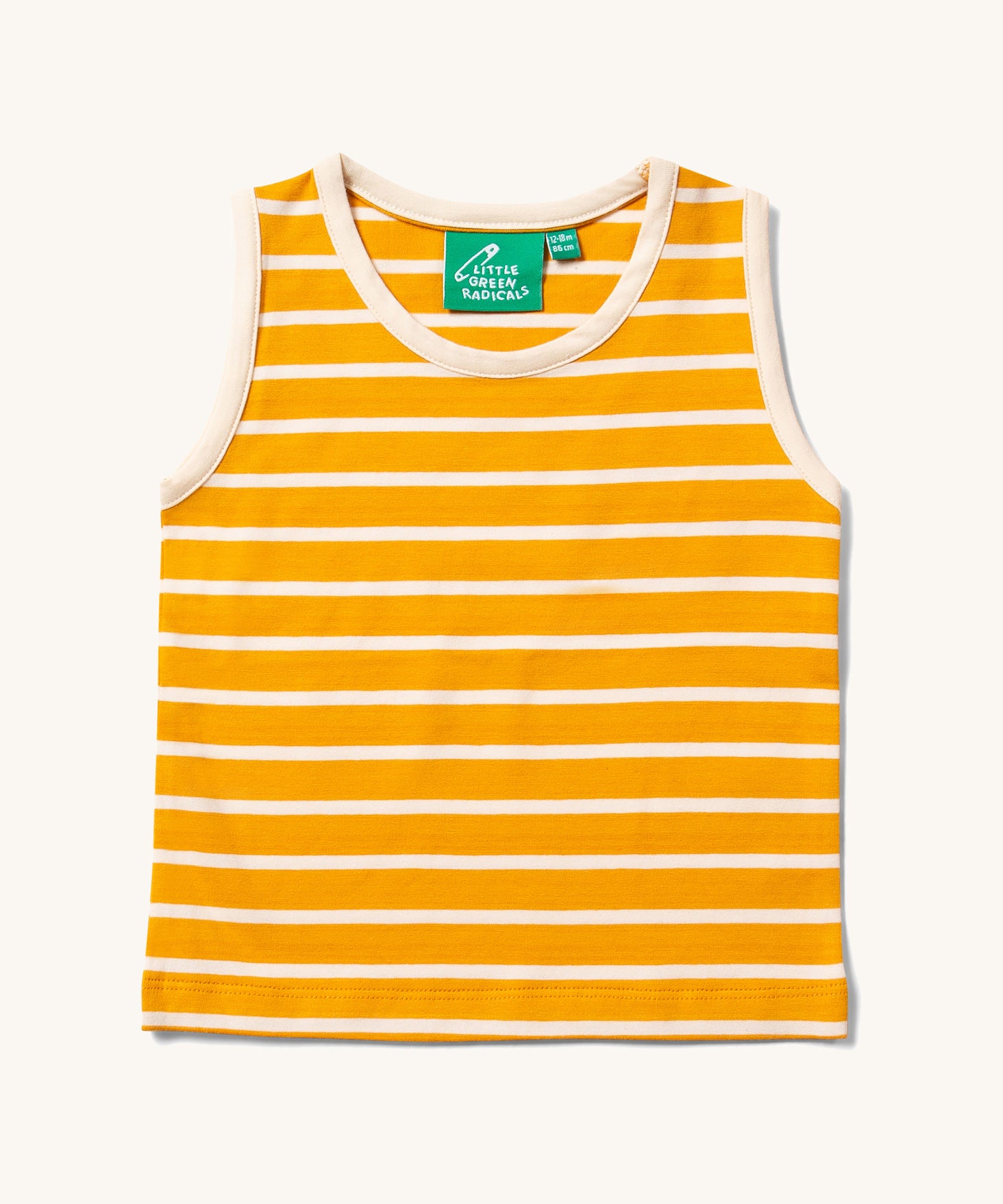 Little Green Radicals yellow gold and cream striped Organic Cotton sleeveless Vest. Sold in a 3 pack.