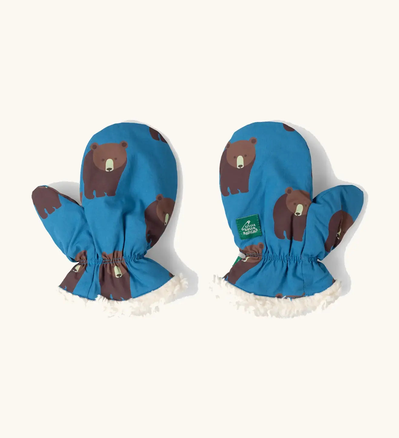Little Green Radicals organic cotton sherpa-lined children's mittens with a  bears design. 