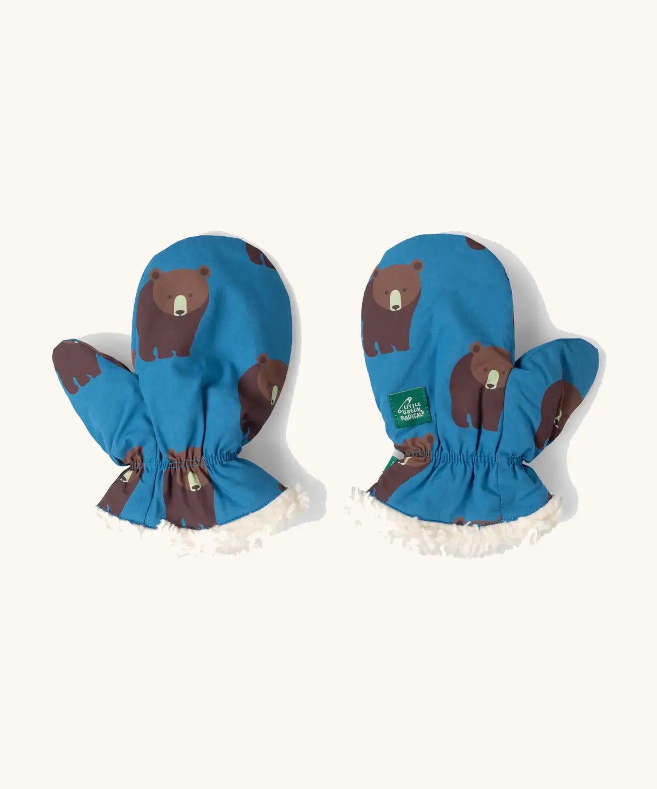 Little Green Radicals organic cotton sherpa-lined children's mittens with a  bears design. 