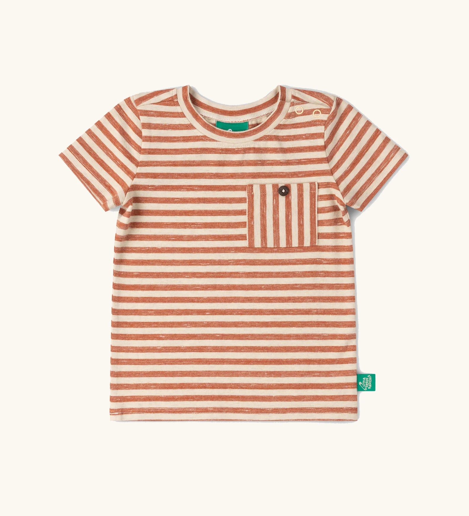Little Green Radicals burnt ochre red striped short sleeve essential t-shirt with small chest pocket.