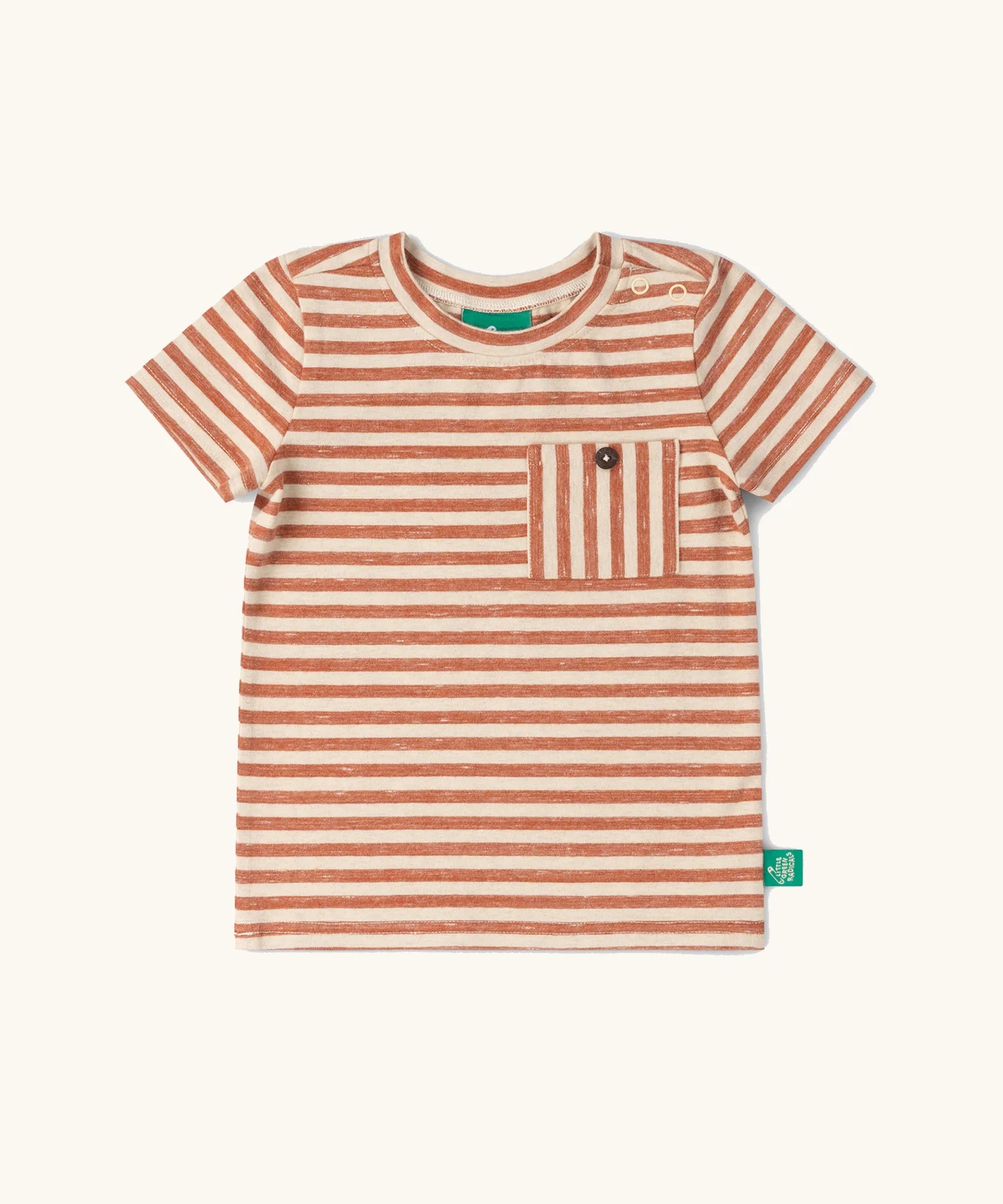 Little Green Radicals burnt ochre red striped short sleeve essential t-shirt with small chest pocket.