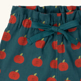 Close up of the waistband and tie on the Little Green Radicals blue kids organic cotton shorts with repeat apple print all over. 