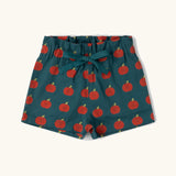 Little Green Radicals blue kids organic cotton shorts with repeat apple print all over. 