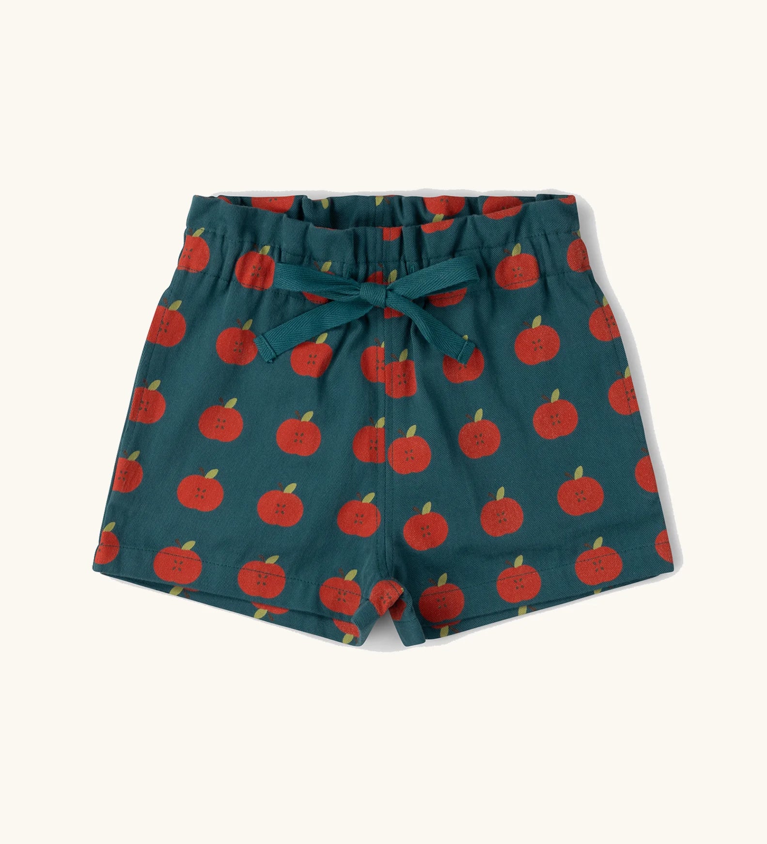 Little Green Radicals blue kids organic cotton shorts with repeat apple print all over. 