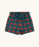 Little Green Radicals blue kids organic cotton shorts with repeat apple print all over. 