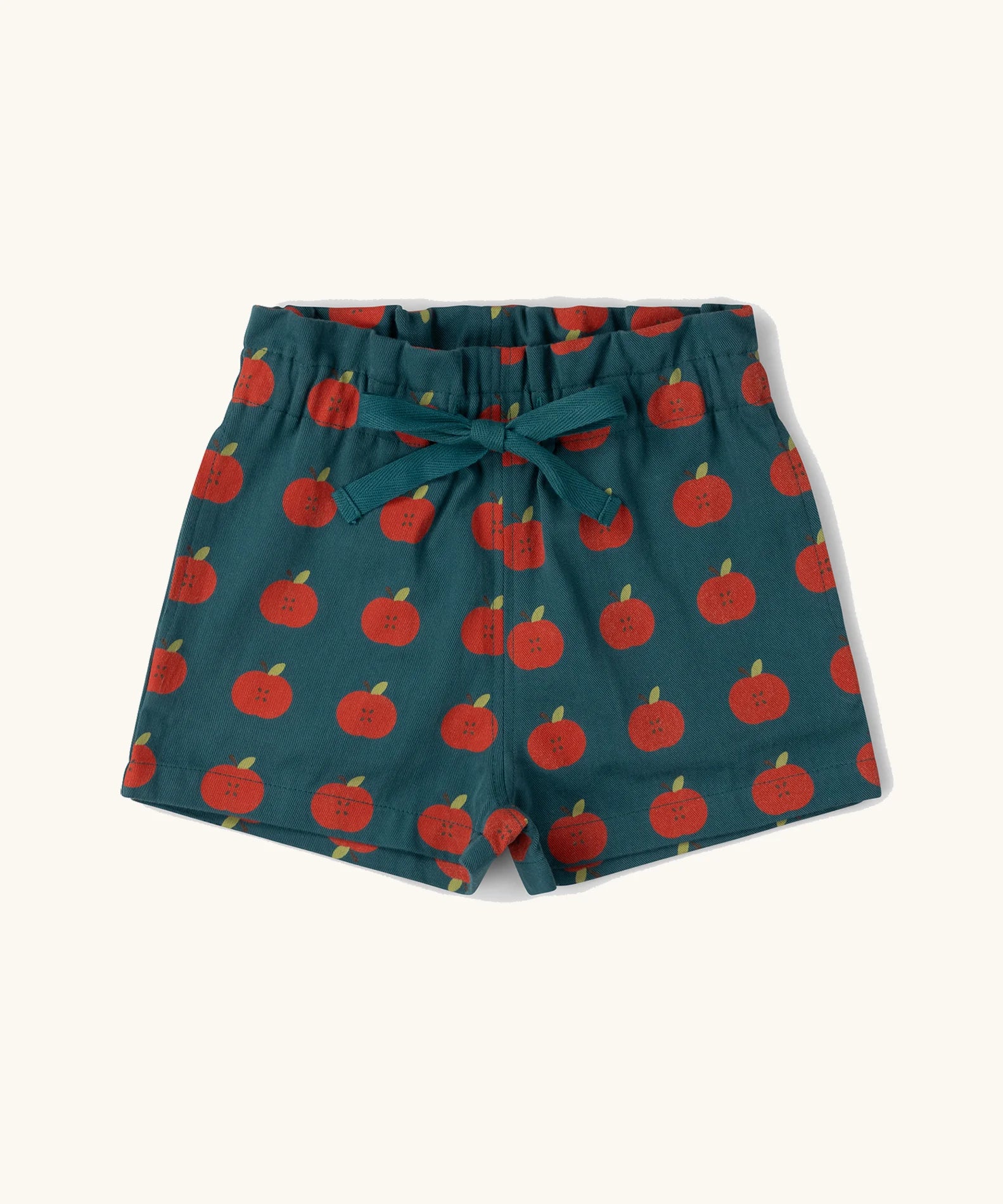 Little Green Radicals blue kids organic cotton shorts with repeat apple print all over. 