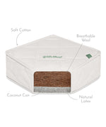 A cut out of a Little green Sheep mattress showing it's composition from coconut coir, natural latex, breathable wool and a soft cotton cover