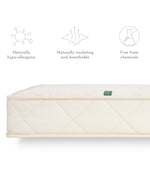 A side profile view of a Little Green Sheep mattress. Three key features have been listed above. Naturally hyop-allergenic, naturally insulating and breathable and free from chemicals 