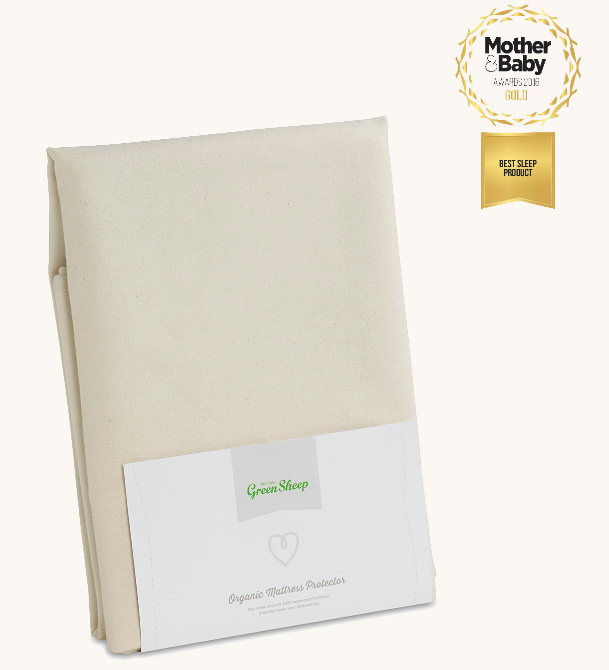Little Green Sheep Organic Junior Mattress Protector pictured in packaging on a plain background
