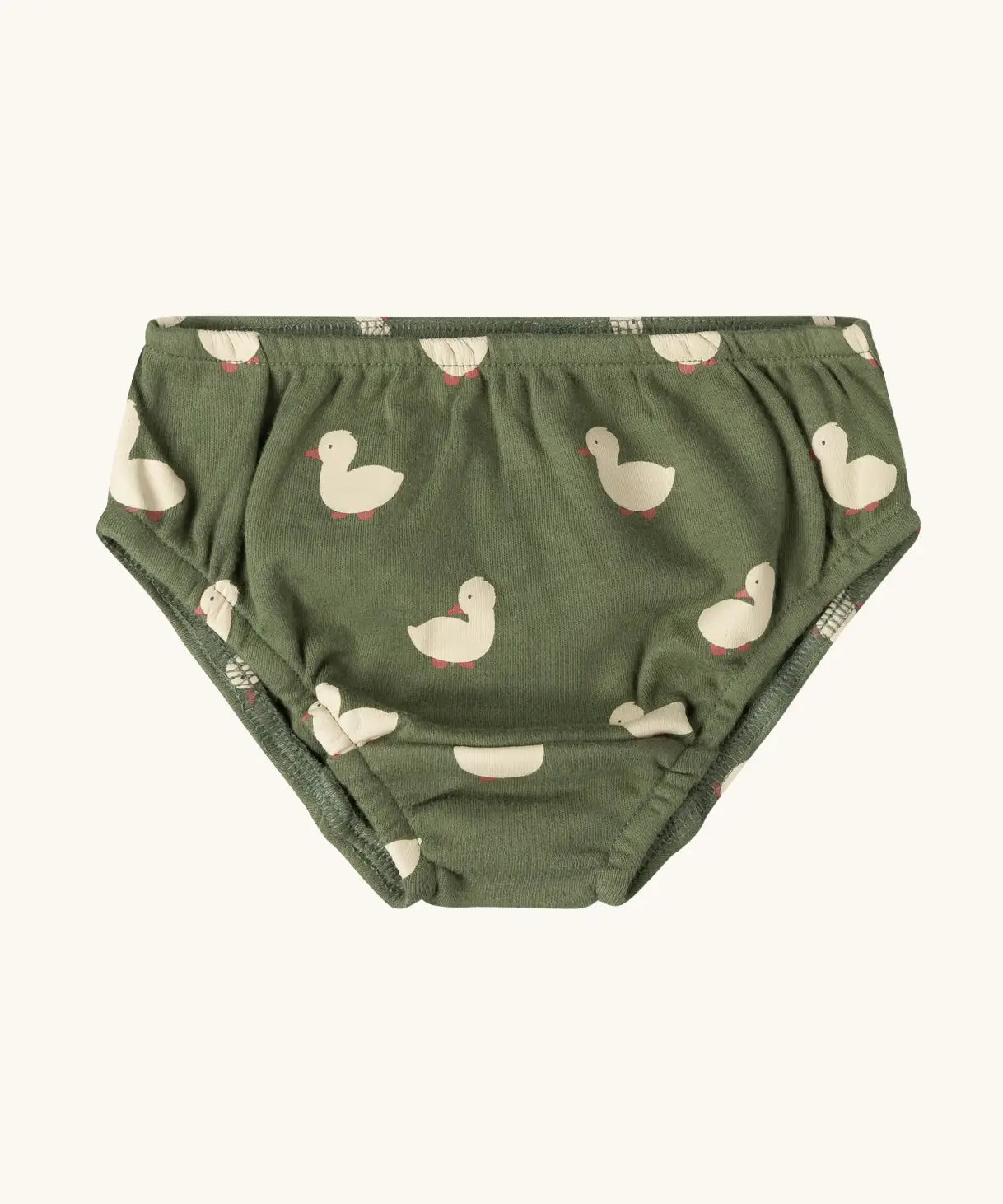 Duck print brief pants from the Little Green Radicals organic cotton underwear duck design 3 pack. Green underwear with a white duck print.