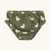 Duck print brief pants from the Little Green Radicals organic cotton underwear duck design 3 pack. Green underwear with a white duck print.