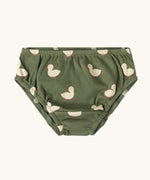 Duck print brief pants from the Little Green Radicals organic cotton underwear duck design 3 pack. Green underwear with a white duck print.