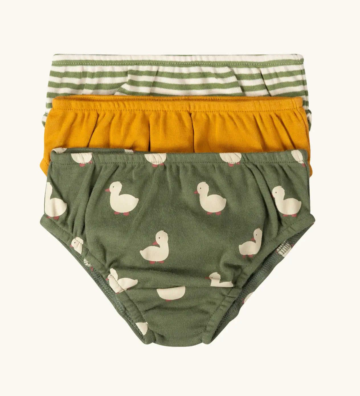 Little Green Radicals organic cotton underwear in a 3 pack. Brief style pants one with a ducks print on a green background, one yellow gold, one green and white stripes. 
