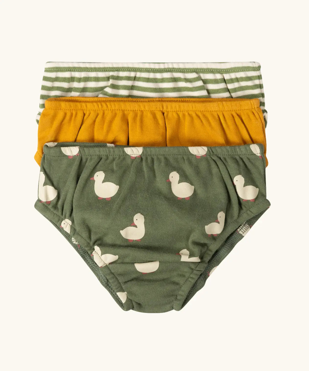 Little Green Radicals organic cotton underwear in a 3 pack. Brief style pants one with a ducks print on a green background, one yellow gold, one green and white stripes. 