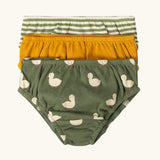 Little Green Radicals organic cotton underwear in a 3 pack. Brief style pants one with a ducks print on a green background, one yellow gold, one green and white stripes. 