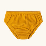 Yellow gold brief pants from the Little Green Radicals organic cotton underwear duck design 3 pack. Brief style pants.