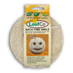 LoofCo Bath Time Smile Loofah in cardboard sleeve packaging pictured on a plain white background