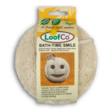 LoofCo Bath Time Smile Loofah in cardboard sleeve packaging pictured on a plain white background